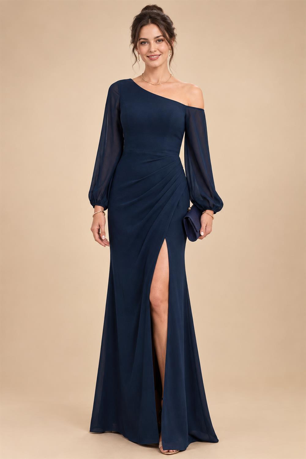 A-Line/Princess Off Shoulder Chiffon Floor-Length Mother of the Bride & Groom Dresses with Ruched Waist & Slit (SHI22501619)
