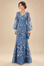 A-Line/Princess V-Neck Floral Embroidery Maxi Mother of the Bride & Groom Dresses with Ruched Waist (SHI22501624)