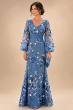 A-Line/Princess V-Neck Floral Embroidery Maxi Mother of the Bride & Groom Dresses with Ruched Waist (SHI22501624)