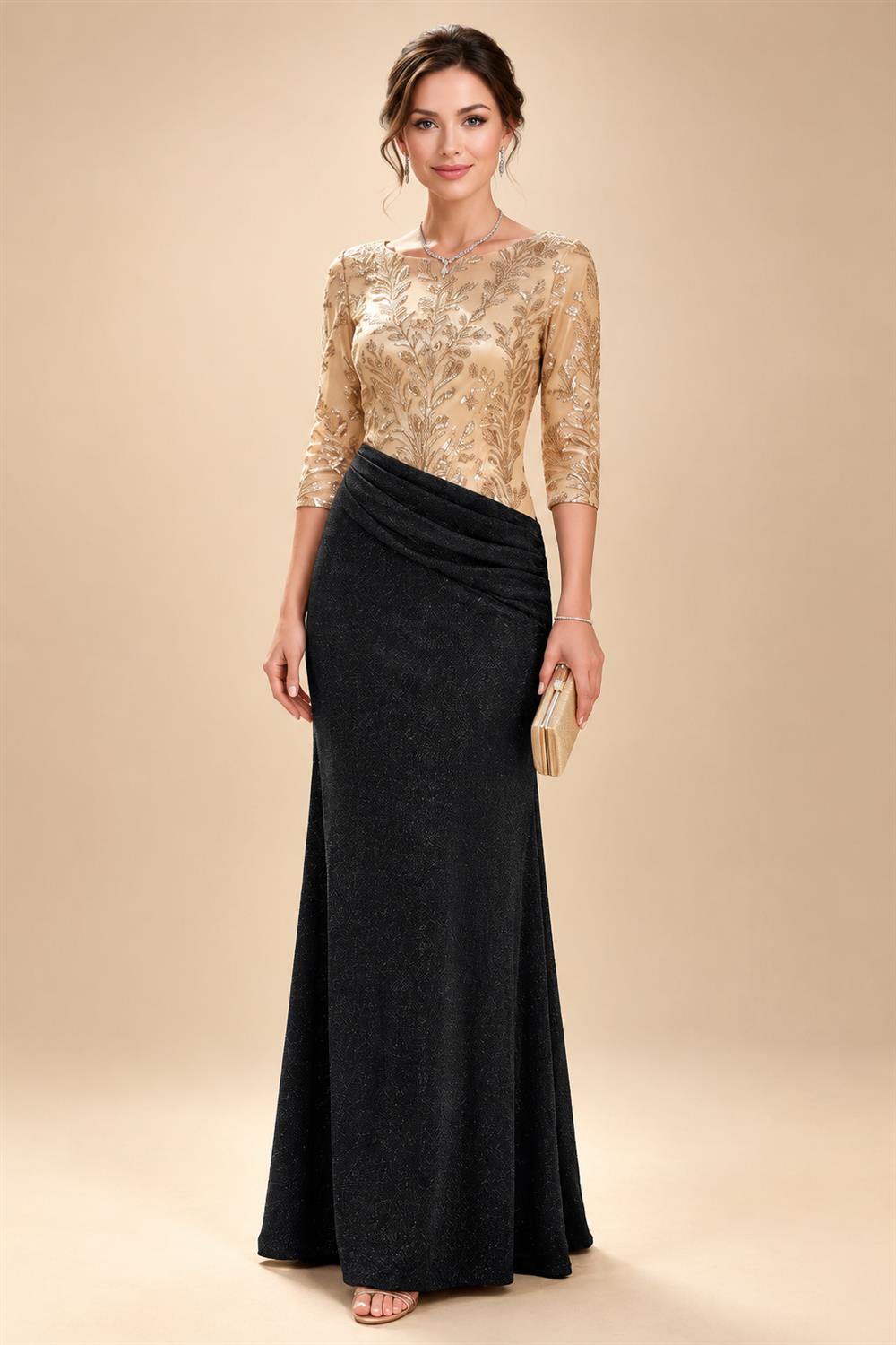 Sheath/Column Scoop Neck Lace Appliques Maxi Mother of the Bride & Groom Dresses with Ruched Waist & Sequin (SHI22501632)