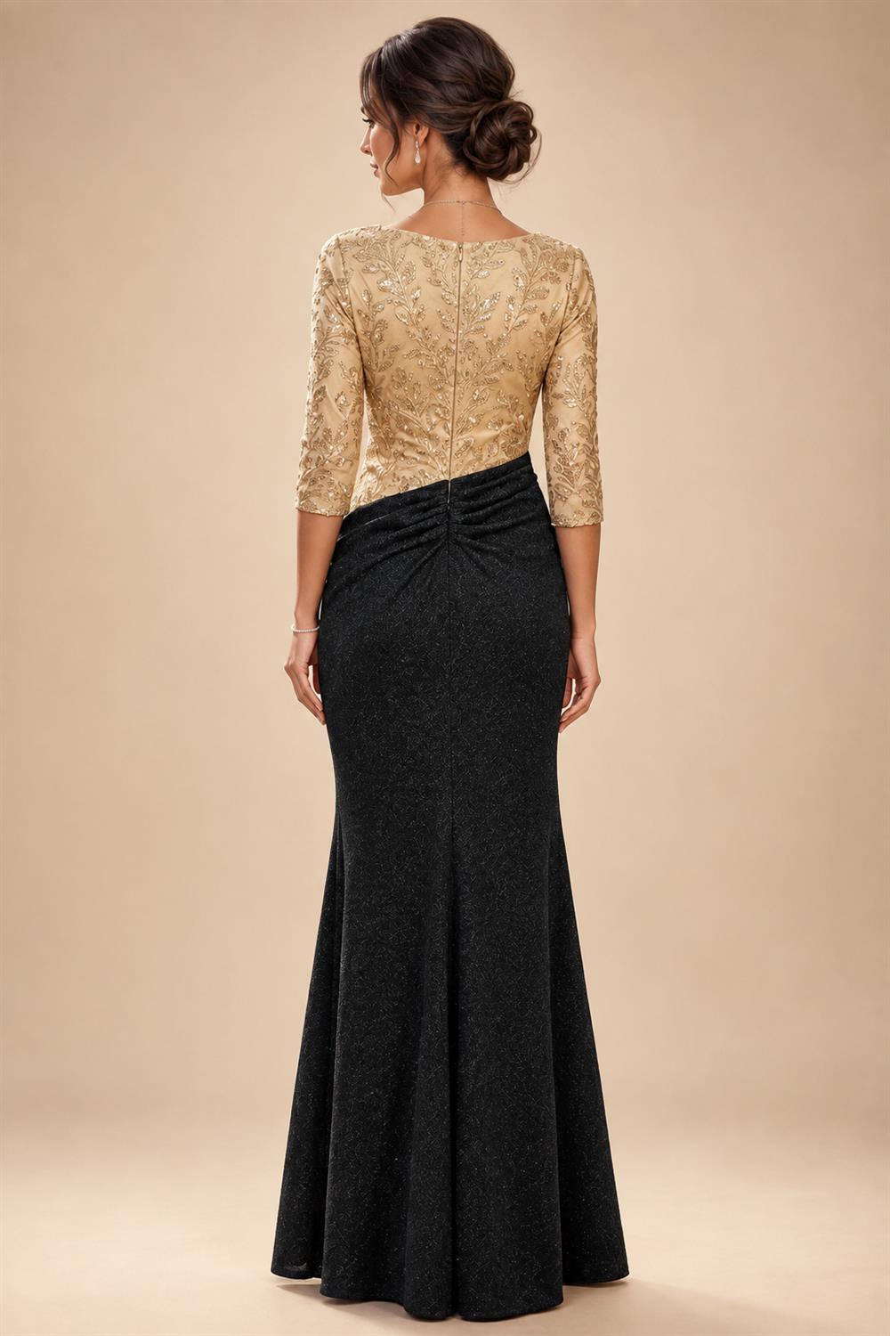 Sheath/Column Scoop Neck Lace Appliques Maxi Mother of the Bride & Groom Dresses with Ruched Waist & Sequin (SHI22501632)