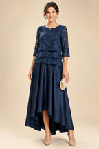 A-Line/Princess Scoop Neck Satin High-Low Mother of the Bride & Groom Dresses with Lace Appliques, Ruffles & Pleats (SHI22501633)