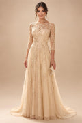 A-Line/Princess Scoop Neck Chiffon Maxi Mother of the Bride & Groom Dresses with Lace Appliques, Sweep Train & Pleats (SHI22501636)