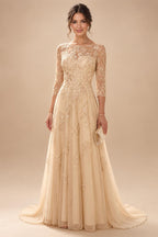 A-Line/Princess Scoop Neck Chiffon Maxi Mother of the Bride & Groom Dresses with Lace Appliques, Sweep Train & Pleats (SHI22501636)