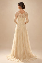 A-Line/Princess Scoop Neck Chiffon Maxi Mother of the Bride & Groom Dresses with Lace Appliques, Sweep Train & Pleats (SHI22501636)