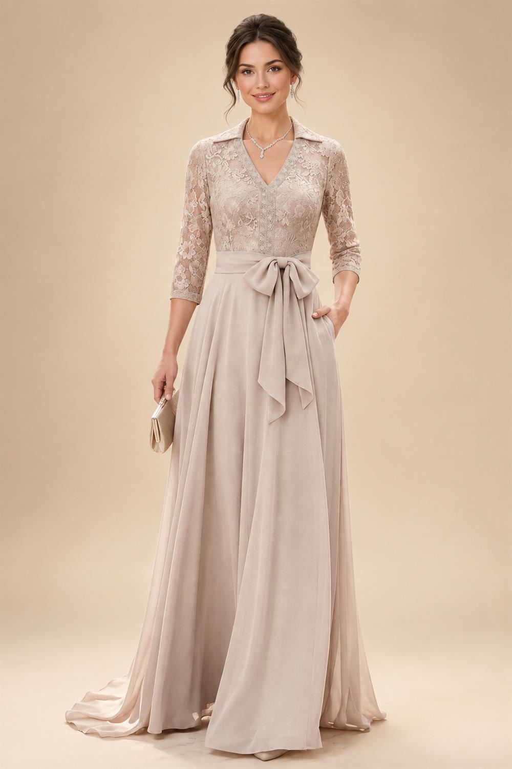 A-Line/Princess V-Neck Chiffon Maxi Mother of the Bride & Groom Dresses with Lace Appliques, Sweep Train & Bow (SHI22501641)