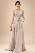 A-Line/Princess V-Neck Chiffon Maxi Mother of the Bride & Groom Dresses with Lace Appliques, Sweep Train & Bow (SHI22501641)