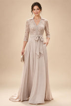 A-Line/Princess V-Neck Chiffon Maxi Mother of the Bride & Groom Dresses with Lace Appliques, Sweep Train & Bow (SHI22501641)