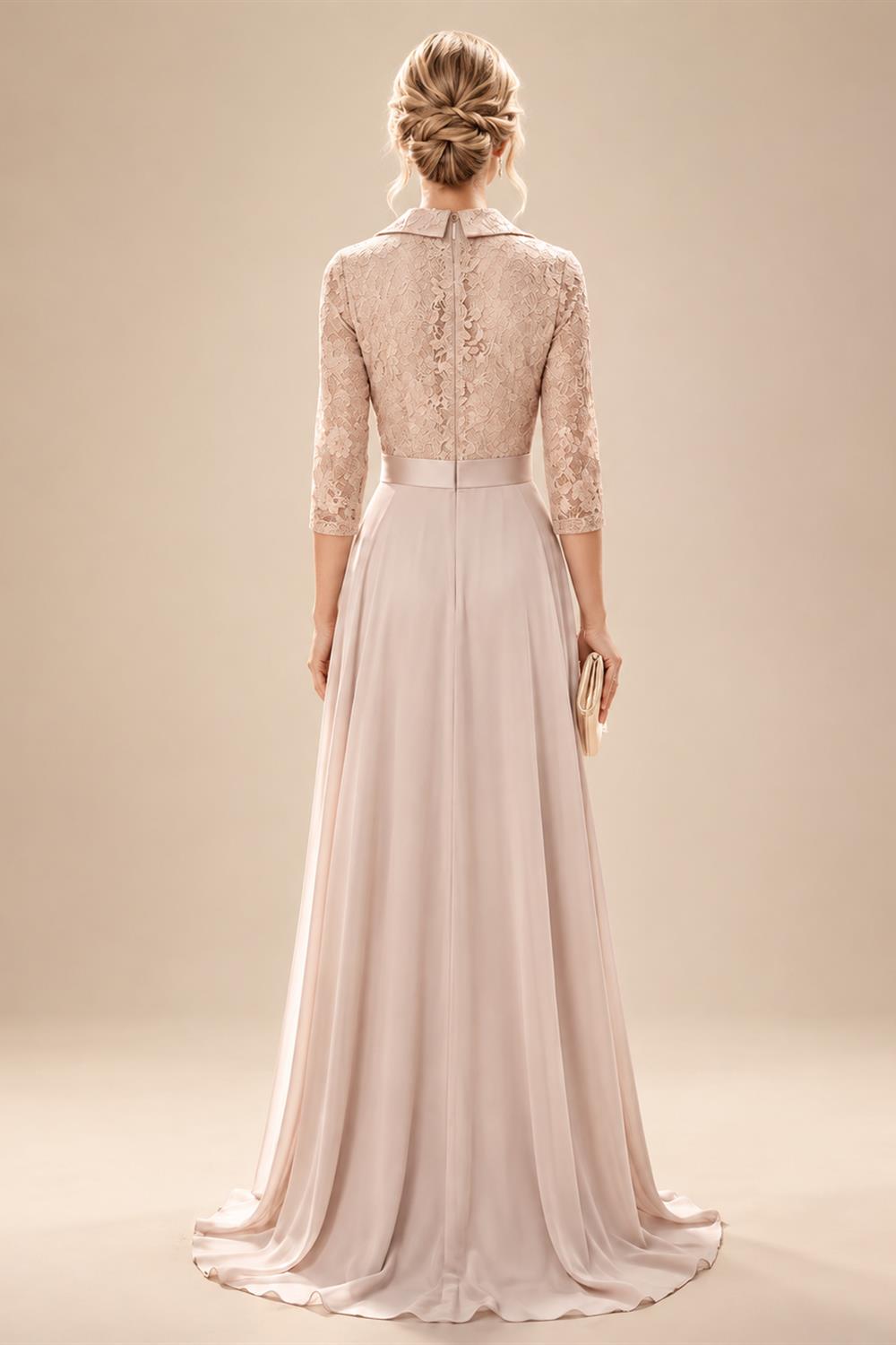 A-Line/Princess V-Neck Chiffon Maxi Mother of the Bride & Groom Dresses with Lace Appliques, Sweep Train & Bow (SHI22501641)