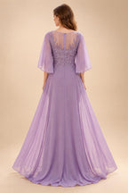Sheath/Column Scoop Neck Chiffon Maxi Mother of the Bride & Groom Dresses with Lace Appliques, Sweep Train & Ruched Waist (SHI22501642)