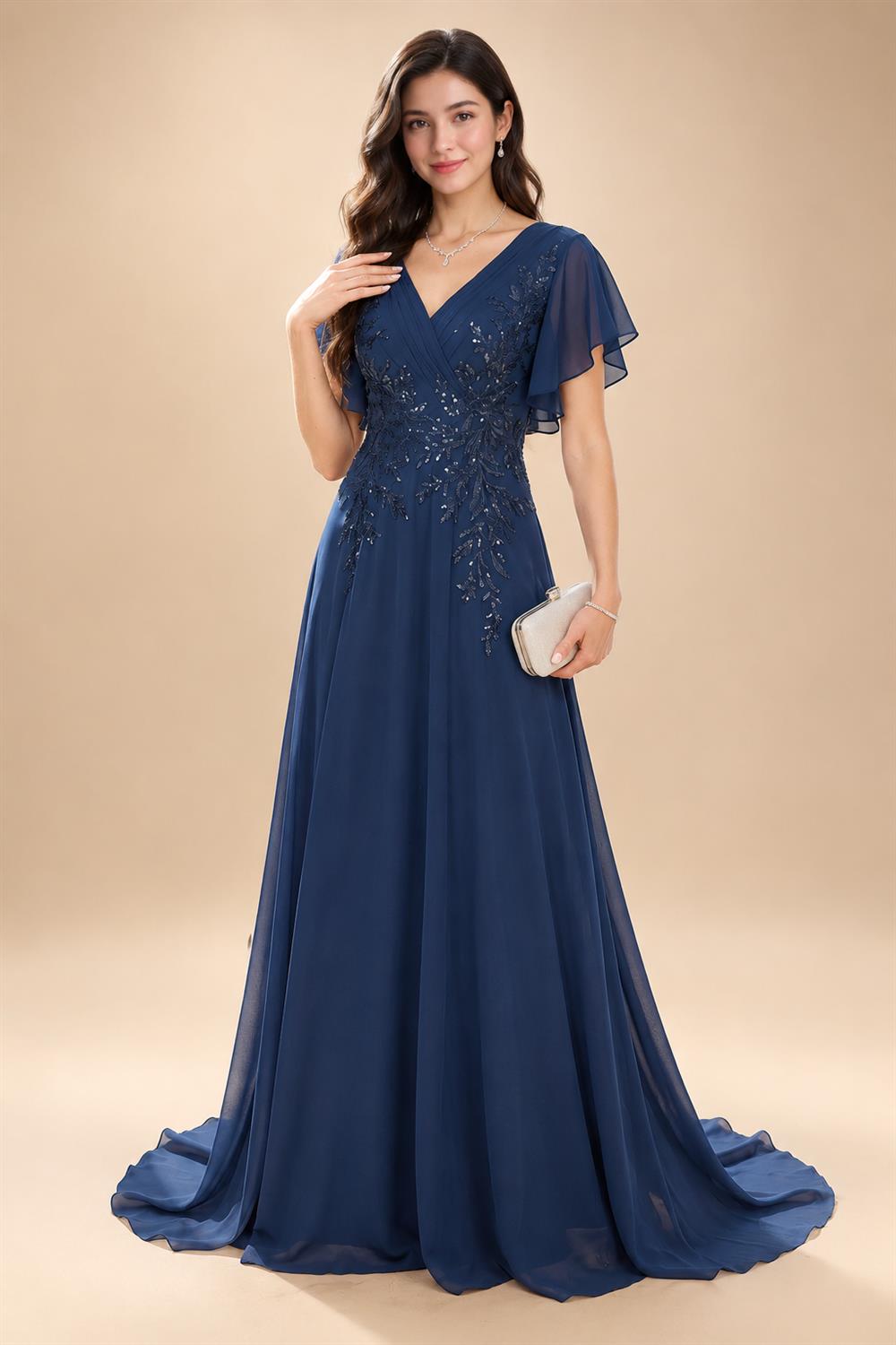 A-Line/Princess V-Neck Chiffon Maxi Mother of the Bride & Groom Dresses with Lace Appliques & Sweep Train (SHI22501644)