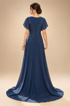 A-Line/Princess V-Neck Chiffon Maxi Mother of the Bride & Groom Dresses with Lace Appliques & Sweep Train (SHI22501644)