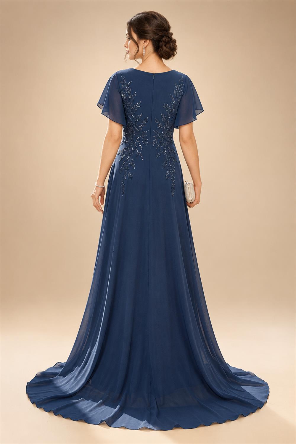 A-Line/Princess V-Neck Chiffon Maxi Mother of the Bride & Groom Dresses with Lace Appliques & Sweep Train (SHI22501644)