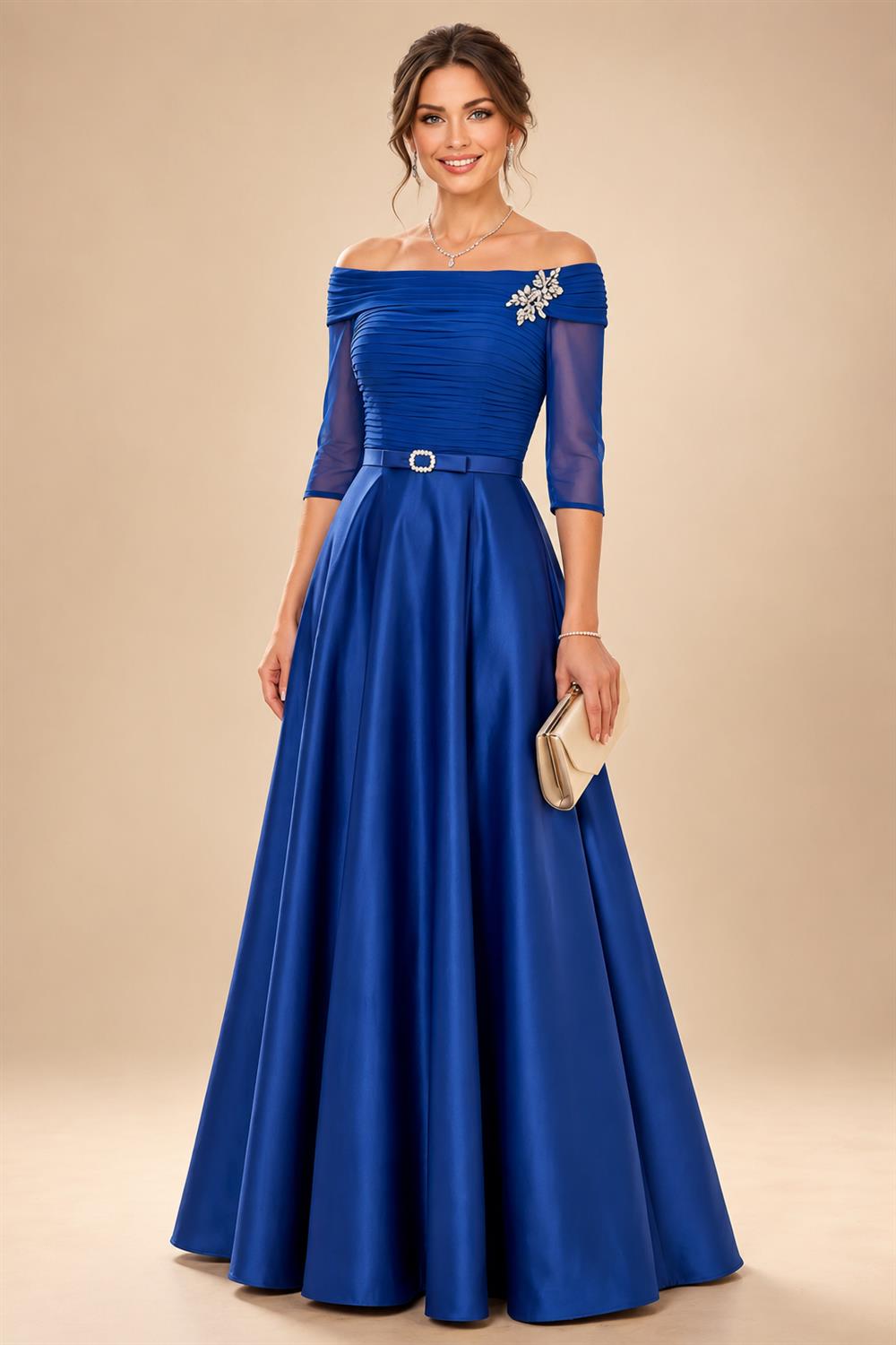 A-Line/Princess Off Shoulder Satin Maxi Mother of the Bride & Groom Dresses with Ruched Bodice, Belt, Rhinestone & Pleats (SHI22501647)