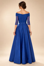 A-Line/Princess Off Shoulder Satin Maxi Mother of the Bride & Groom Dresses with Ruched Bodice, Belt, Rhinestone & Pleats (SHI22501647)