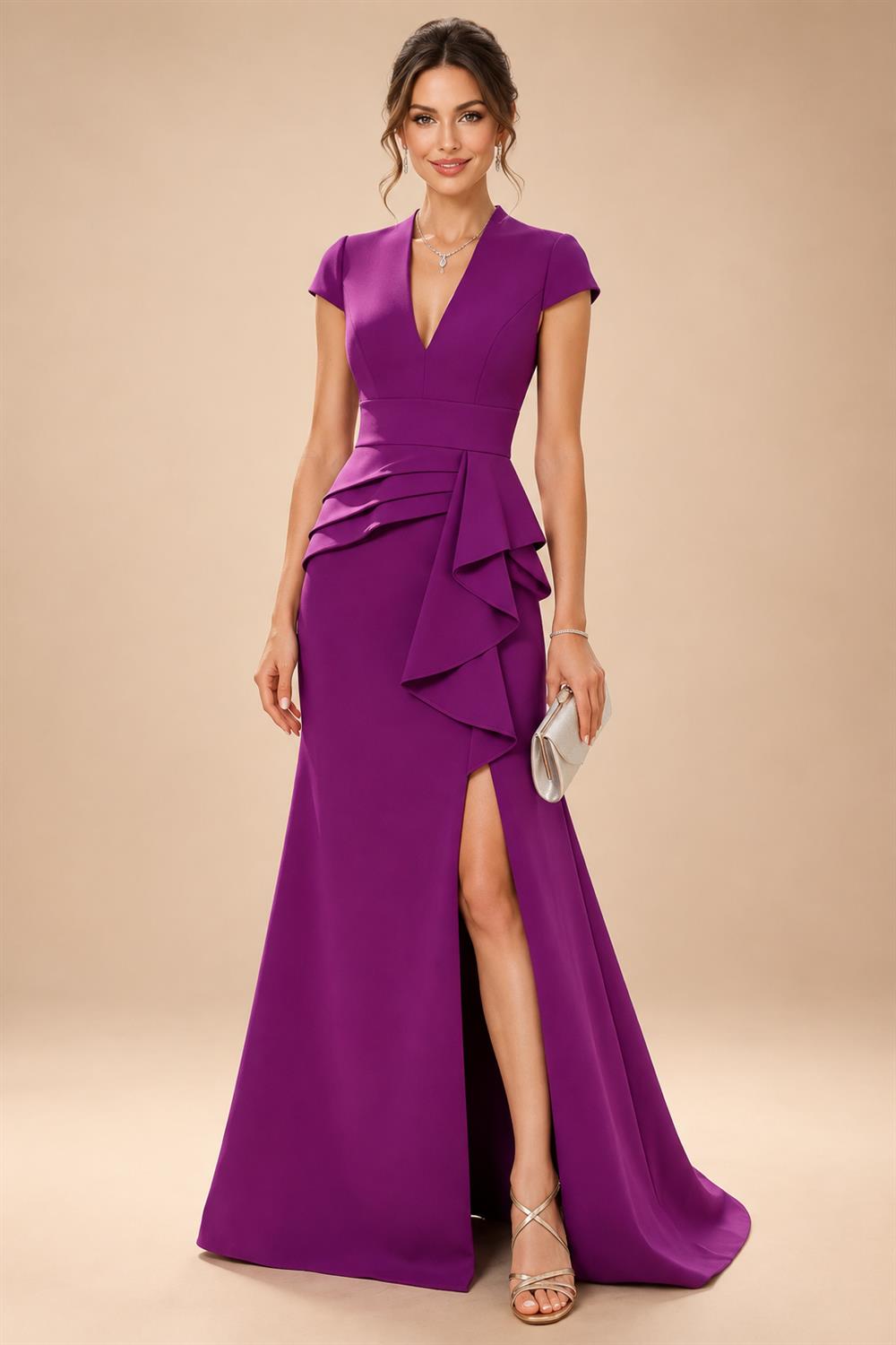 Sheath/Column V-Neck Stretch Jersey Maxi Mother of the Bride & Groom Dresses with Ruffles & Slit (SHI22501648)