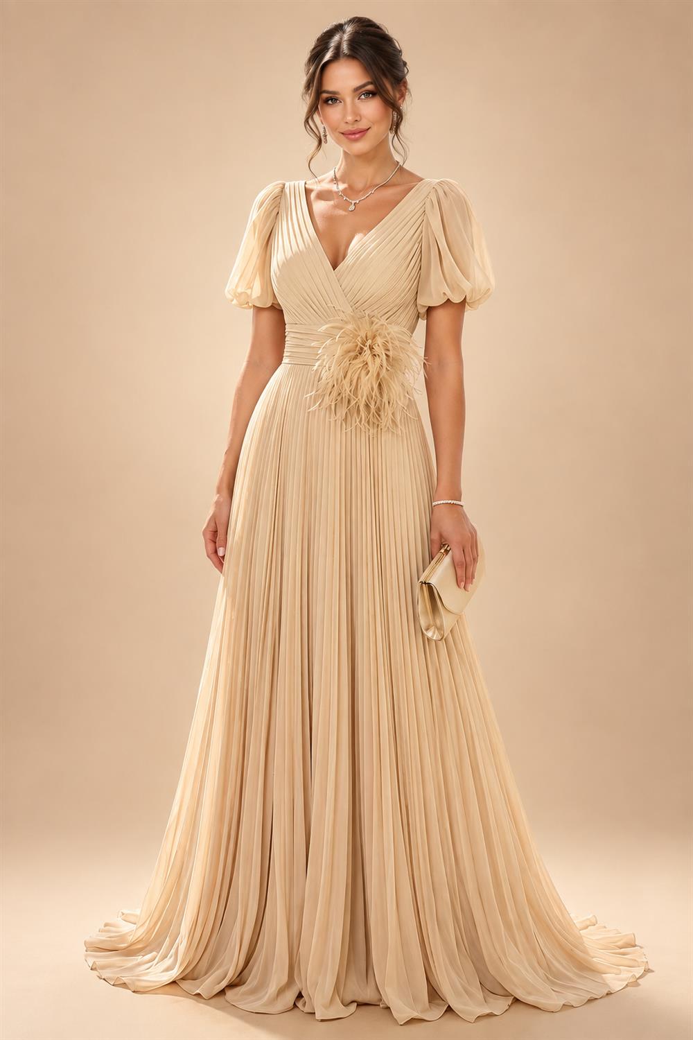 A-Line/Princess V-Neck Chiffon Maxi Mother of the Bride & Groom Dresses with Feather Trim & Pleats (SHI22501651)