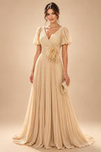 A-Line/Princess V-Neck Chiffon Maxi Mother of the Bride & Groom Dresses with Feather Trim & Pleats (SHI22501651)