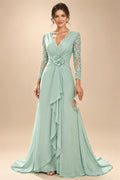 A-Line/Princess V-Neck Chiffon Maxi Mother of the Bride & Groom Dresses with Lace Appliques, Sweep Train, Ruffles, 3D Flowers & Ruched Waist (SHI22501653)
