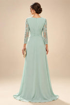 A-Line/Princess V-Neck Chiffon Maxi Mother of the Bride & Groom Dresses with Lace Appliques, Sweep Train, Ruffles, 3D Flowers & Ruched Waist (SHI22501653)