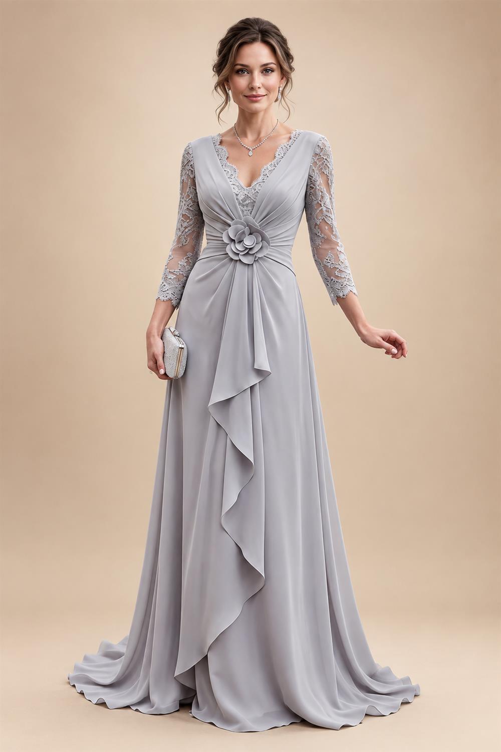 A-Line/Princess V-Neck Chiffon Maxi Mother of the Bride & Groom Dresses with Lace Appliques, Sweep Train, Ruffles, 3D Flowers & Ruched Waist (SHI22501653)