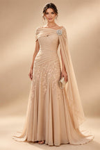 A-Line/Princess Off Shoulder Chiffon Maxi Mother of the Bride & Groom Dresses with Lace Appliques, Rhinestone & Pleats (SHI22501655)