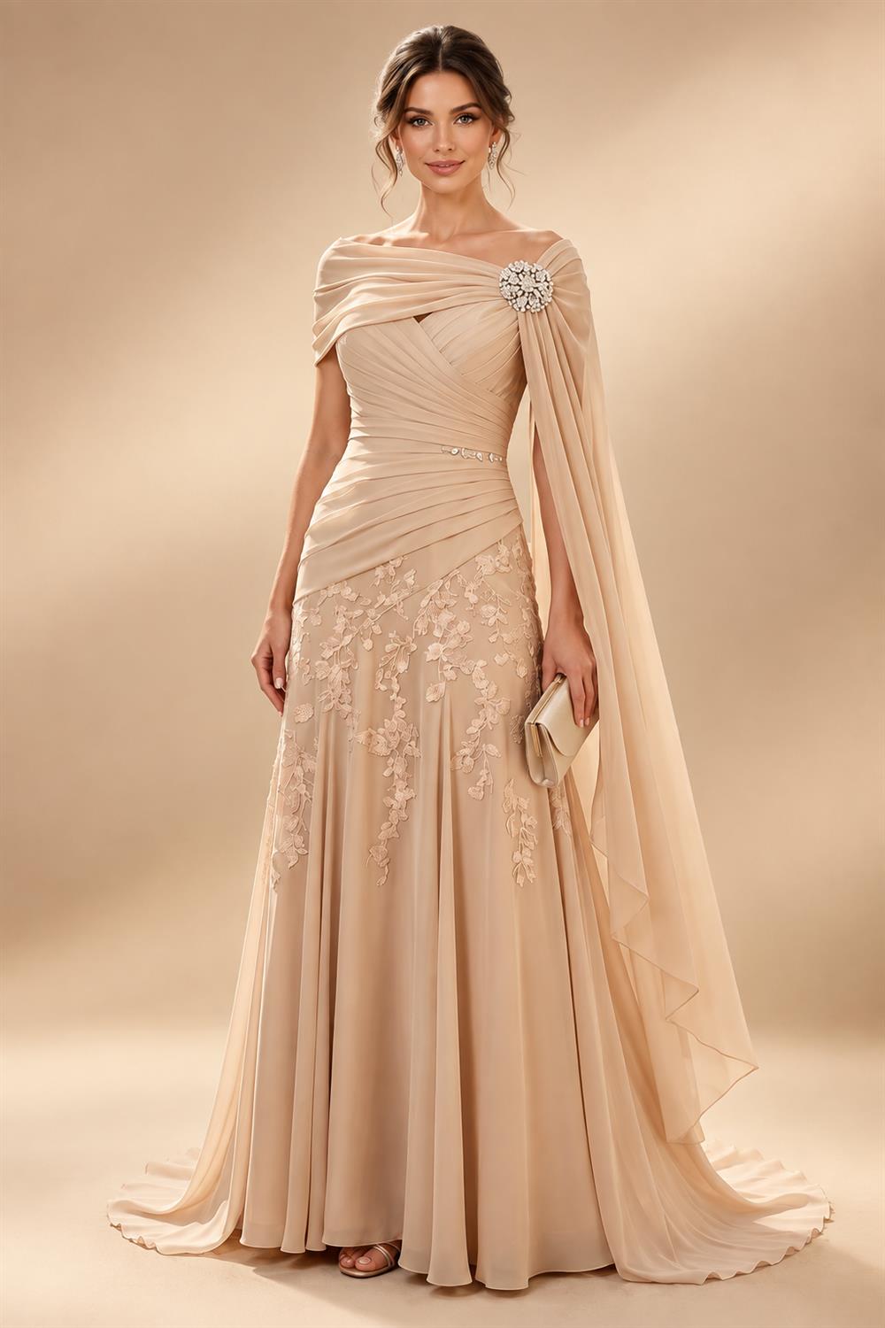 A-Line/Princess Off Shoulder Chiffon Maxi Mother of the Bride & Groom Dresses with Lace Appliques, Rhinestone & Pleats (SHI22501655)