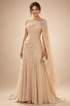 A-Line/Princess Off Shoulder Chiffon Maxi Mother of the Bride & Groom Dresses with Lace Appliques, Rhinestone & Pleats (SHI22501655)