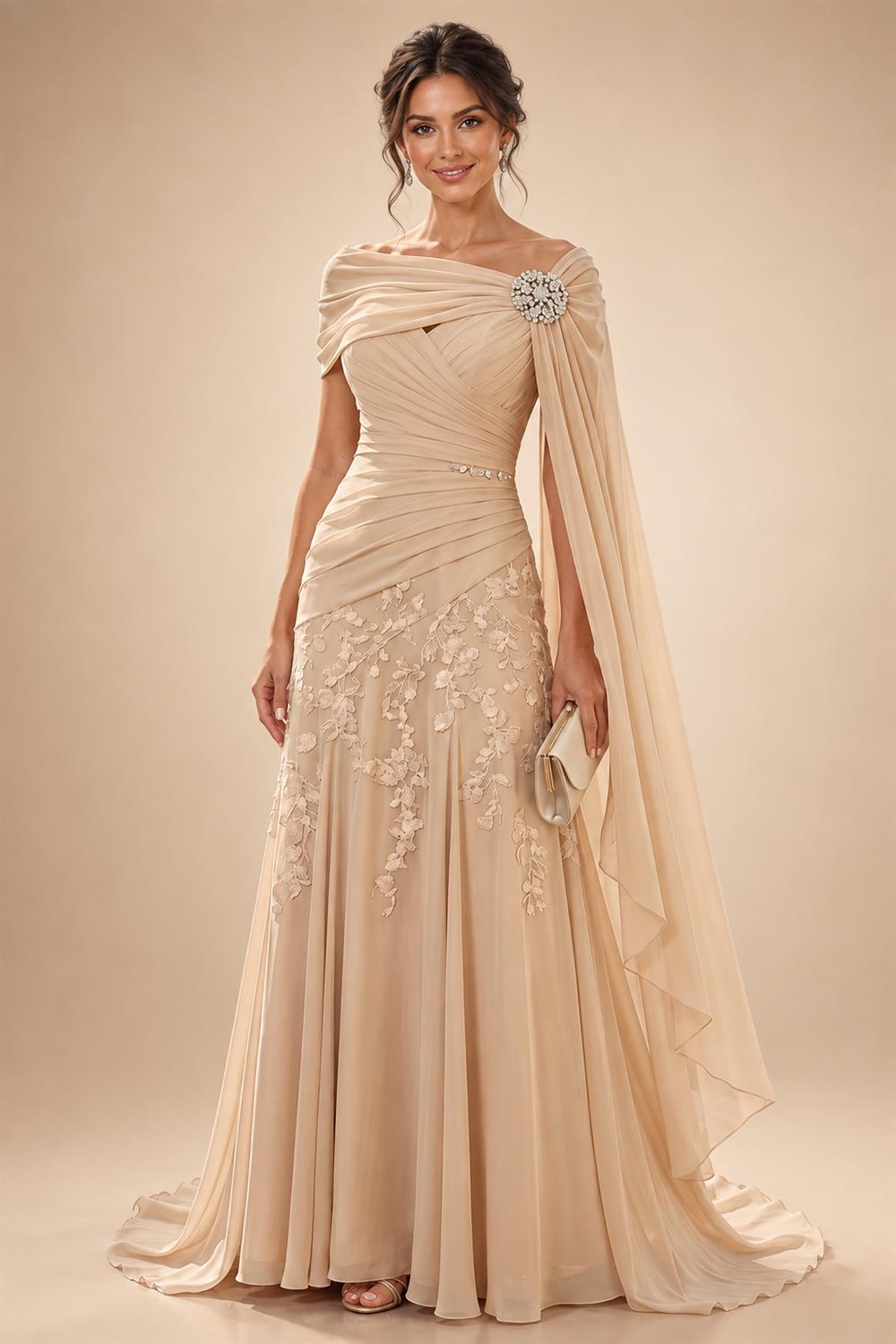A-Line/Princess Off Shoulder Chiffon Maxi Mother of the Bride & Groom Dresses with Lace Appliques, Rhinestone & Pleats (SHI22501655)