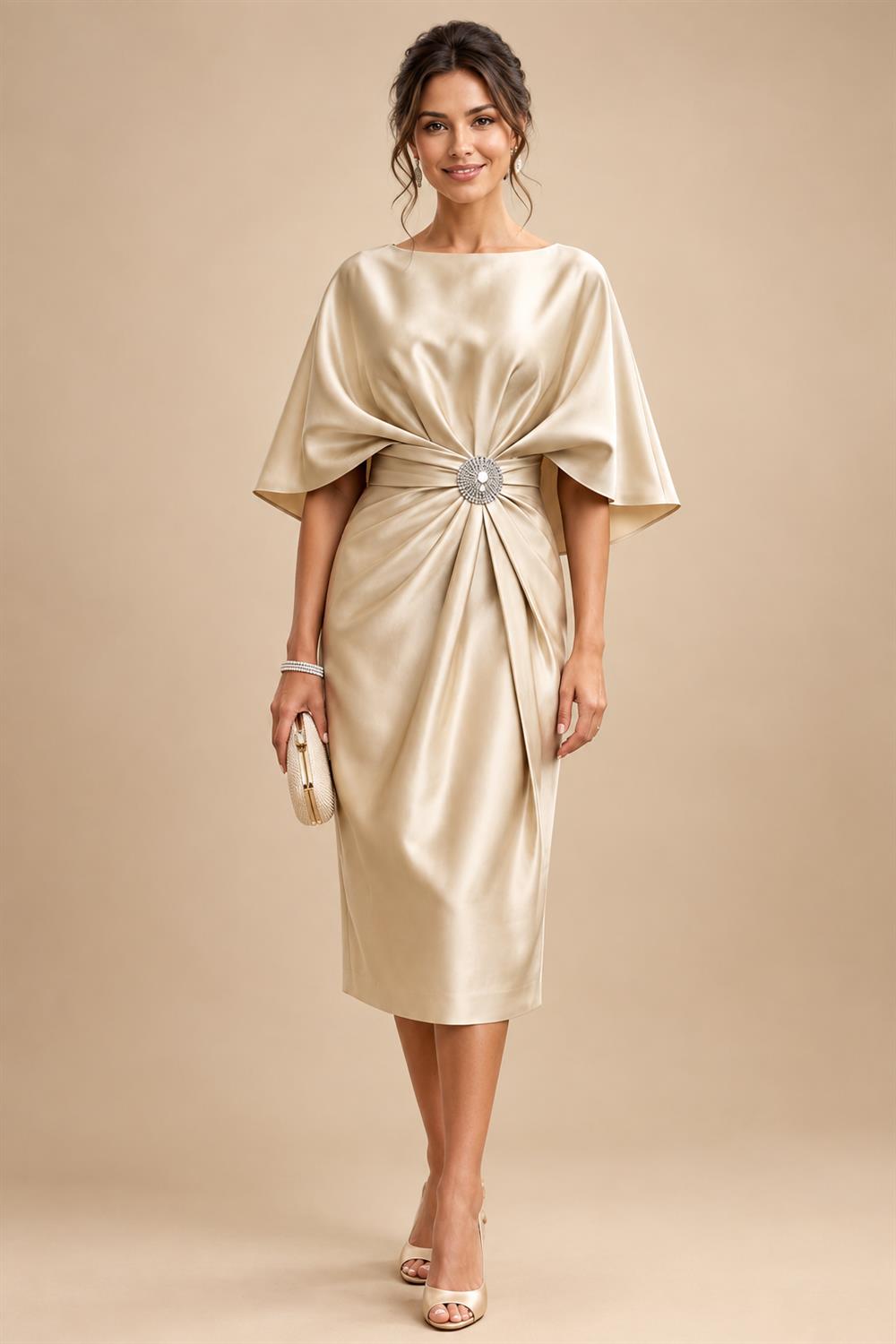 Sheath/Column Scoop Neck Satin Tea-Length Mother of the Bride & Groom Dresses with Ruched Waist & Rhinestones (SHI22501657)
