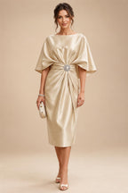 Sheath/Column Scoop Neck Satin Tea-Length Mother of the Bride & Groom Dresses with Ruched Waist & Rhinestones (SHI22501657)