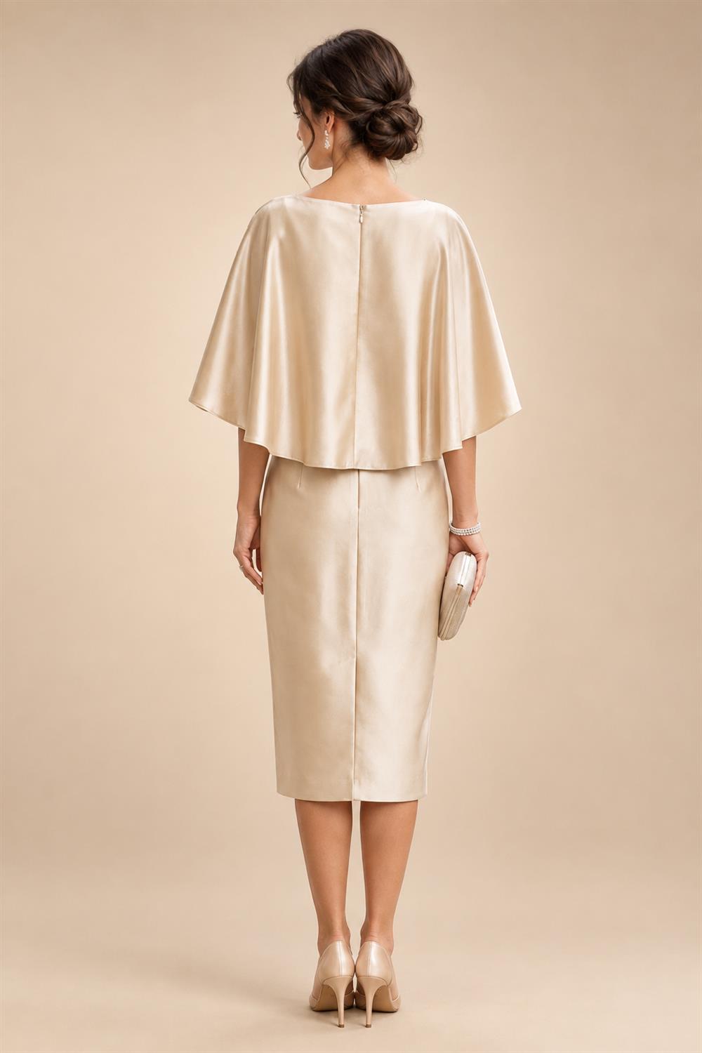 Sheath/Column Scoop Neck Satin Tea-Length Mother of the Bride & Groom Dresses with Ruched Waist & Rhinestones (SHI22501657)