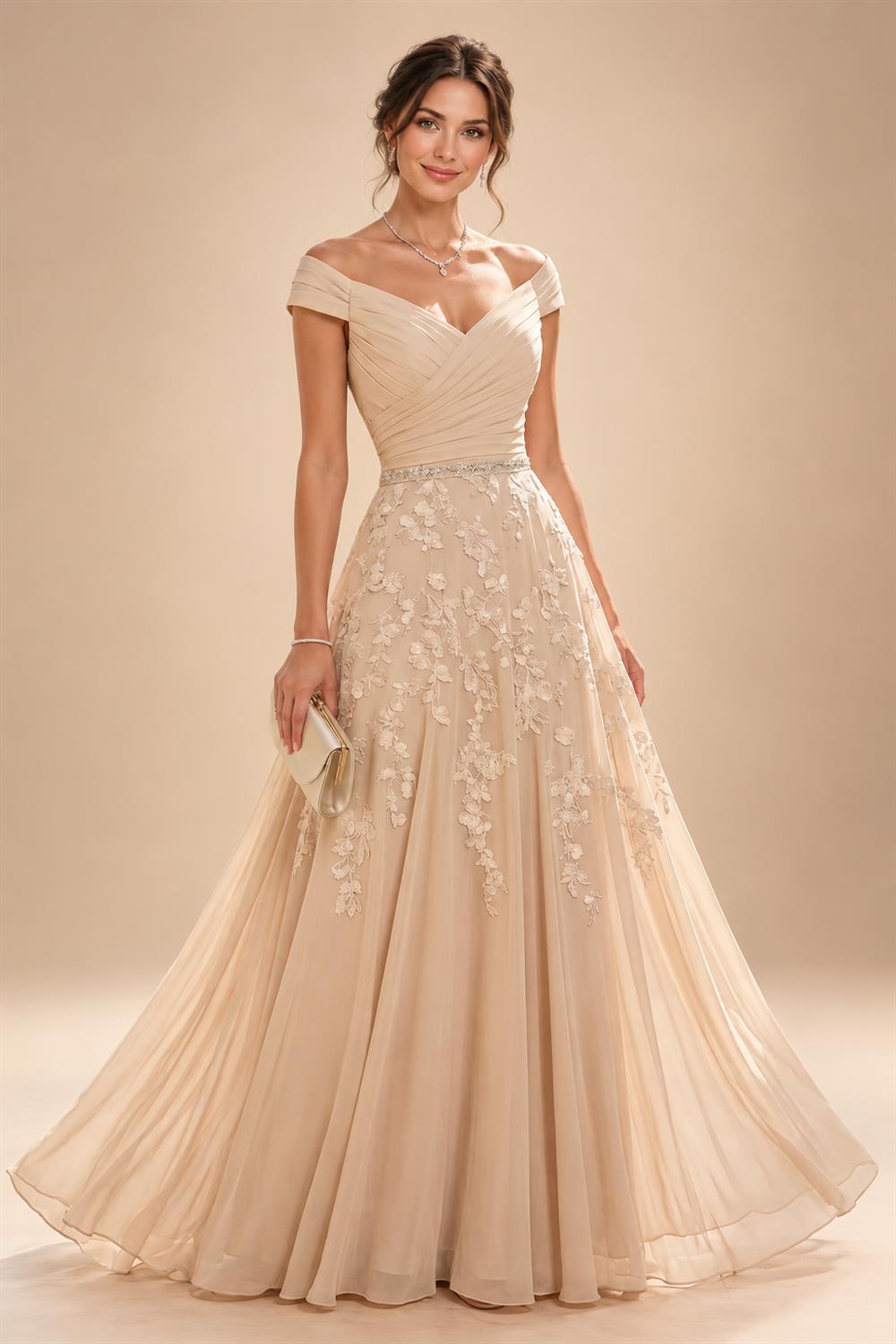 A-Line/Princess Off Shoulder Chiffon Floor-Length Mother of the Bride & Groom Dresses with Sequin, Lace Appliques & Pleats (SHI22501662)