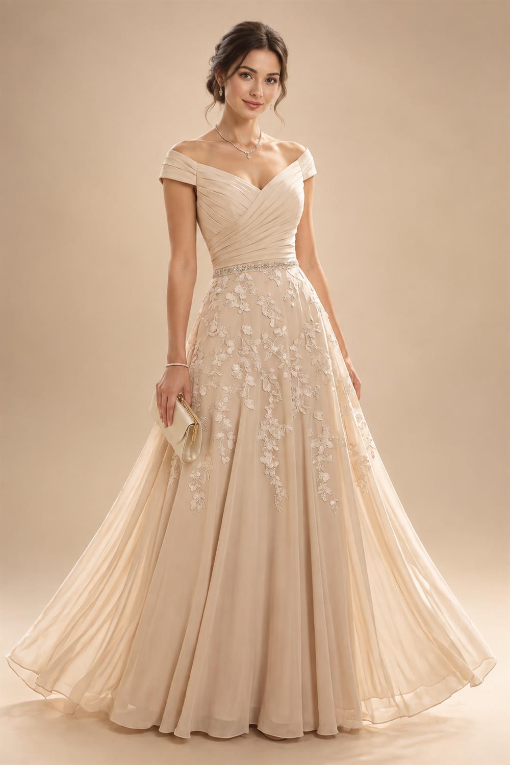 A-Line/Princess Off Shoulder Chiffon Floor-Length Mother of the Bride & Groom Dresses with Sequin, Lace Appliques & Pleats (SHI22501662)