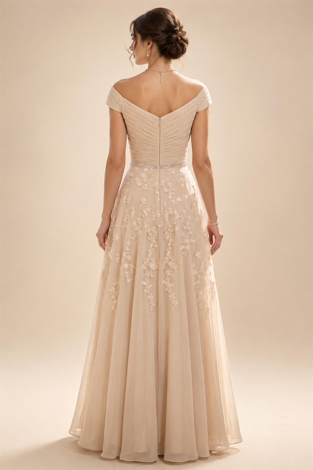 A-Line/Princess Off Shoulder Chiffon Floor-Length Mother of the Bride & Groom Dresses with Sequin, Lace Appliques & Pleats (SHI22501662)