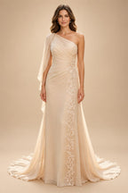 A-Line/Princess One Shoulder Chiffon Floor-Length Mother of the Bride & Groom Dresses with Lace Appliques, Sweep Train & Side Sash (SHI22501663)