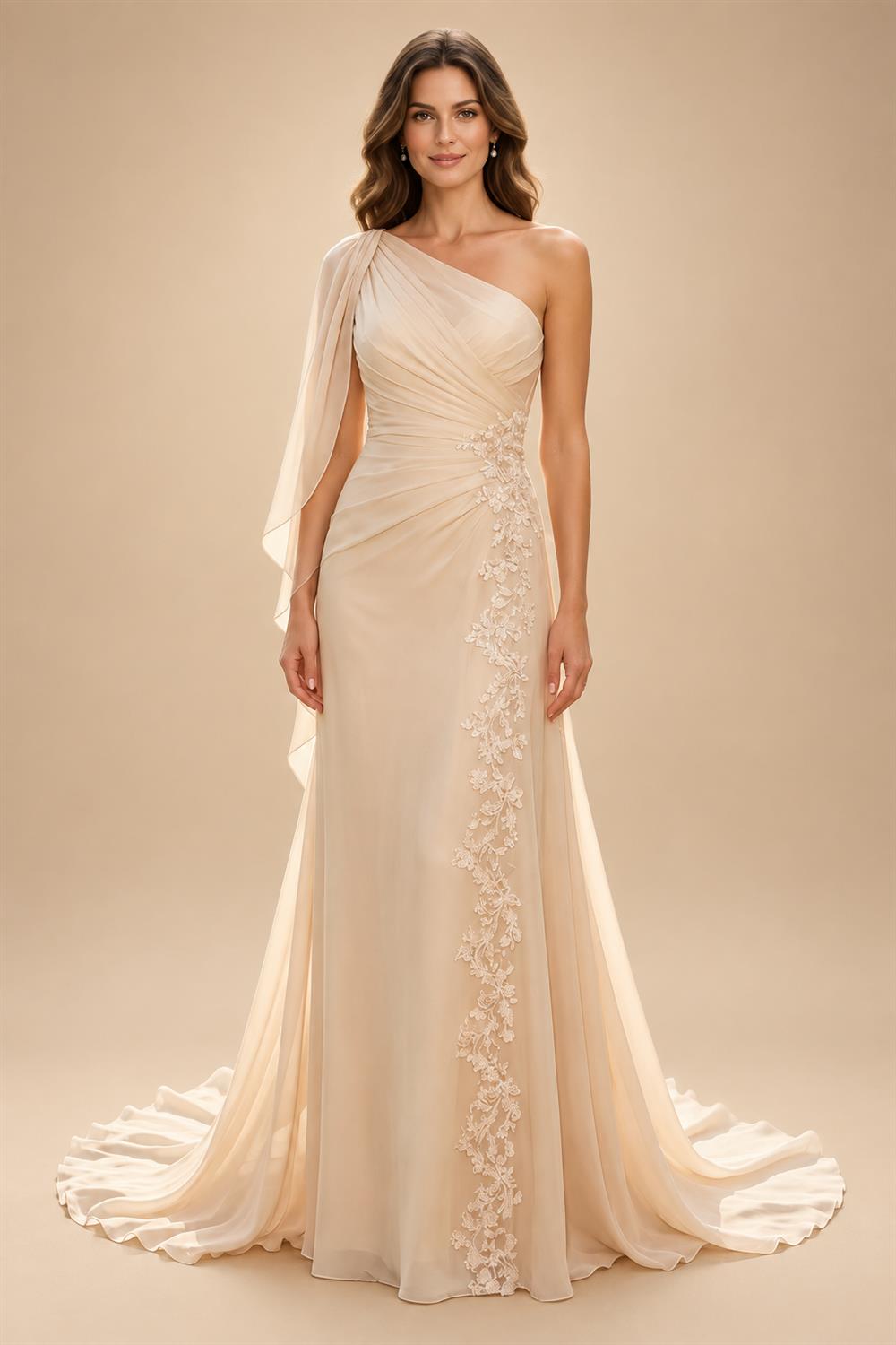 A-Line/Princess One Shoulder Chiffon Floor-Length Mother of the Bride & Groom Dresses with Lace Appliques, Sweep Train & Side Sash (SHI22501663)