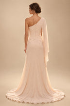 A-Line/Princess One Shoulder Chiffon Floor-Length Mother of the Bride & Groom Dresses with Lace Appliques, Sweep Train & Side Sash (SHI22501663)