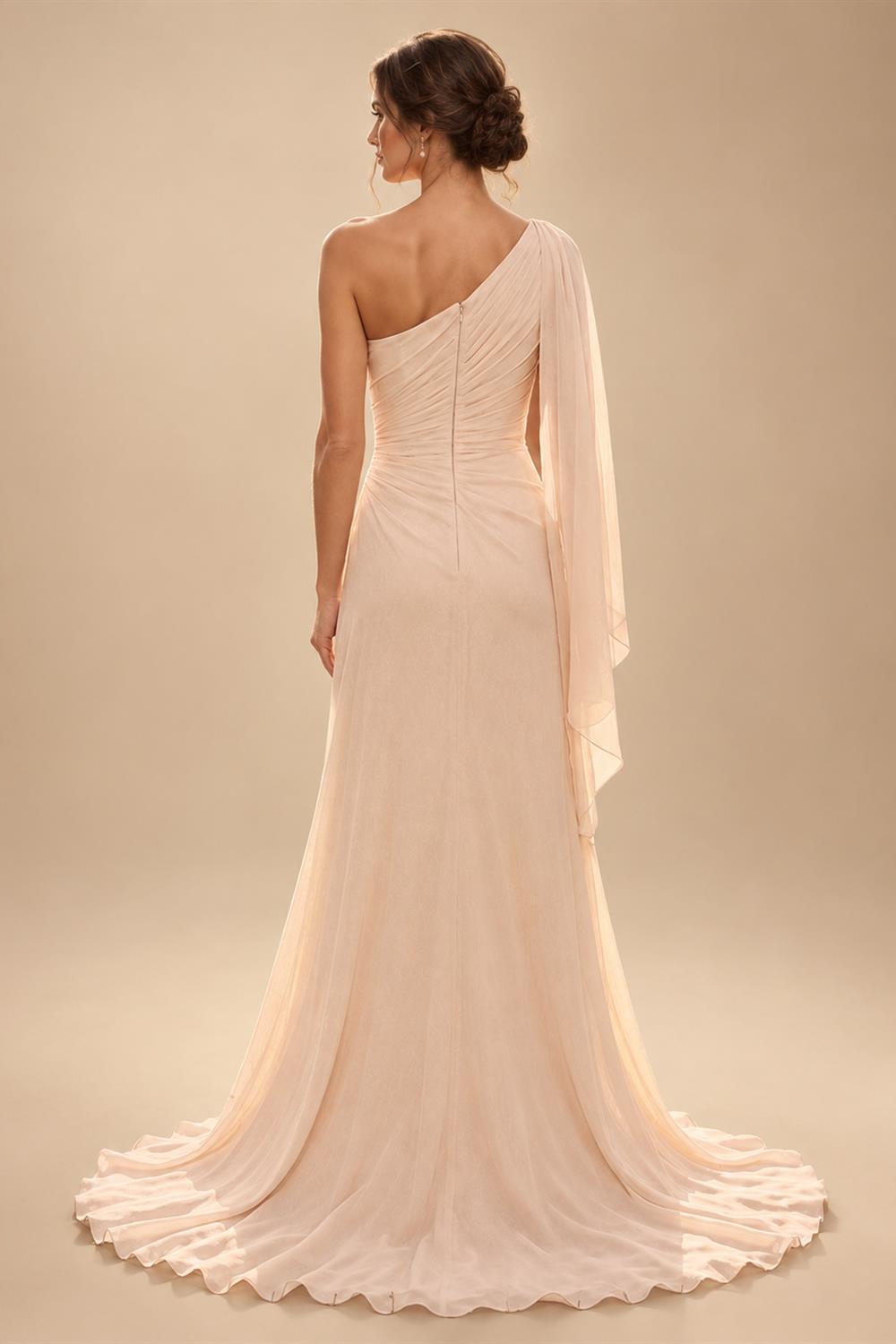 A-Line/Princess One Shoulder Chiffon Floor-Length Mother of the Bride & Groom Dresses with Lace Appliques, Sweep Train & Side Sash (SHI22501663)