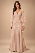 A-Line/Princess V-Neck Chiffon Floor-Length Mother of the Bride & Groom Dresses with Lace Appliques & Ruched Waist (SHI22501678)