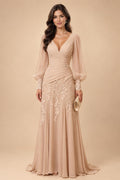 A-Line/Princess V-Neck Chiffon Floor-Length Mother of the Bride & Groom Dresses with Lace Appliques & Ruched Waist (SHI22501678)