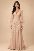 A-Line/Princess V-Neck Chiffon Floor-Length Mother of the Bride & Groom Dresses with Lace Appliques & Ruched Waist (SHI22501678)