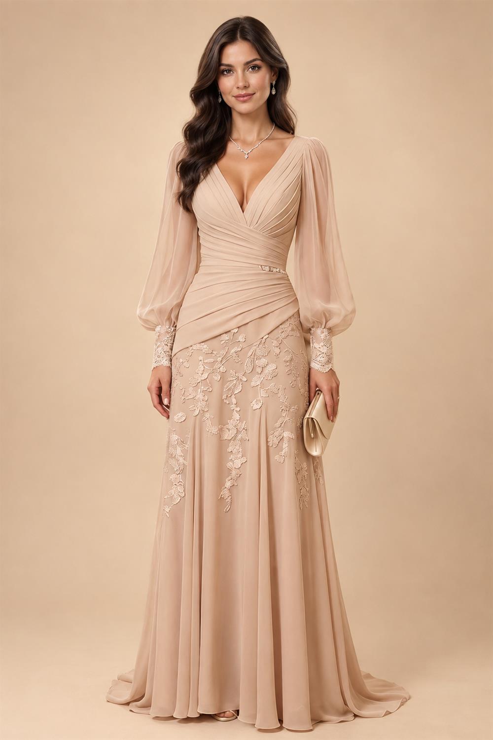 A-Line/Princess V-Neck Chiffon Floor-Length Mother of the Bride & Groom Dresses with Lace Appliques & Ruched Waist (SHI22501678)