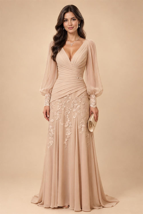 A-Line/Princess V-Neck Chiffon Floor-Length Mother of the Bride & Groom Dresses with Lace Appliques & Ruched Waist (SHI22501678)