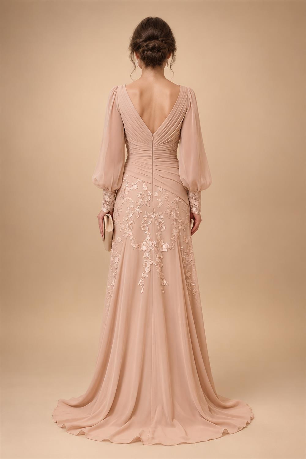 Chiffon Sheath/Column V-Neck Floor-Length Mother of the Bride & Groom Dresses with Lace Embroidery Bodice & Ruched Waist (SHI22501510)