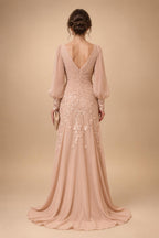 Chiffon Sheath/Column V-Neck Floor-Length Mother of the Bride & Groom Dresses with Lace Embroidery Bodice & Ruched Waist (SHI22501510)