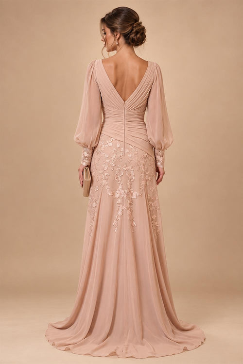 A-Line/Princess V-Neck Chiffon Floor-Length Mother of the Bride & Groom Dresses with Lace Appliques & Ruched Waist (SHI22501678)