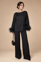 Pantsuit Scoop Neck Satin Maxi Mother of the Bride Pantsuits with Fluffy Feather Trim Cuffs (SHI22501692)