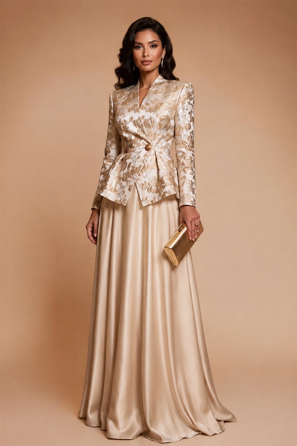 A-Line/Princess V-Neck Satin Floor-Length Mother of the Bride & Groom Dresses with?Jacquard Bolero?Jacket & Pleats (SHI22501695)
