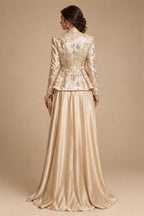 A-Line/Princess V-Neck Satin Floor-Length Mother of the Bride & Groom Dresses with?Jacquard Bolero?Jacket & Pleats (SHI22501695)